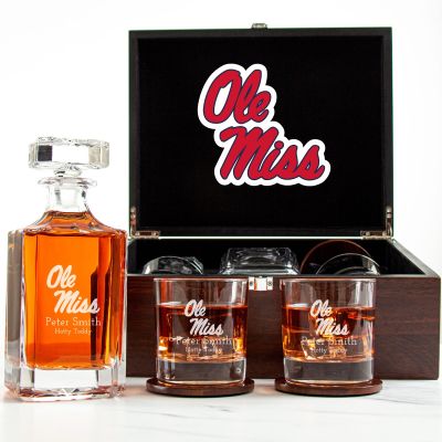 Customized Engraved Dark Brown Wood Box Decanter Set With Rocks Glasses - NCAA Ole Miss Rebels