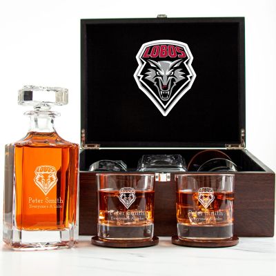 Customized Engraved Dark Brown Wood Box Decanter Set With Rocks Glasses - NCAA New Mexico Lobos