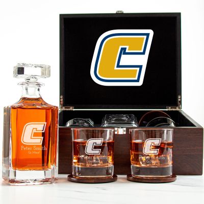 Customized Engraved Dark Brown Wood Box Decanter Set With Rocks Glasses - NCAA Chattanooga Mocs