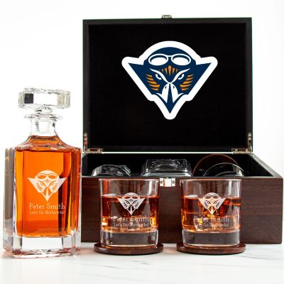 Customized Engraved Dark Brown Wood Box Decanter Set With Rocks Glasses - NCAA UT Martin Skyhawks