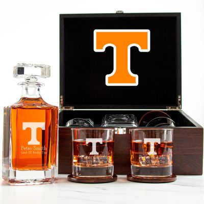Customized Engraved Dark Brown Wood Box Decanter Set With Rocks Glasses - NCAA Tennessee Volunteers