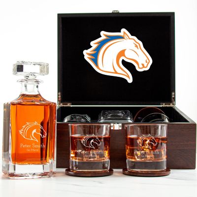 Customized Engraved Dark Brown Wood Box Decanter Set With Rocks Glasses - NCAA UT Arlington Mavericks