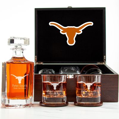 Customized Engraved Dark Brown Wood Box Decanter Set With Rocks Glasses - NCAA Texas Longhorns