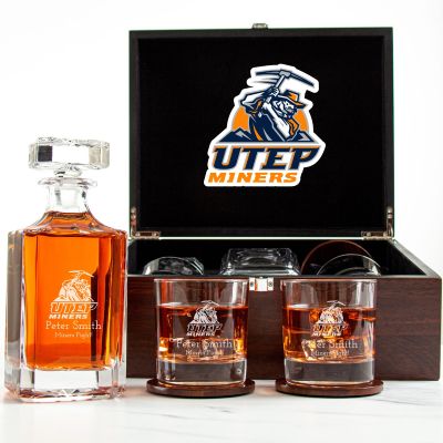 Customized Engraved Dark Brown Wood Box Decanter Set With Rocks Glasses - NCAA UTEP Miners