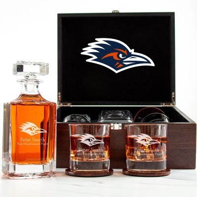 Customized Engraved Dark Brown Wood Box Decanter Set With Rocks Glasses - NCAA UTSA Roadrunners