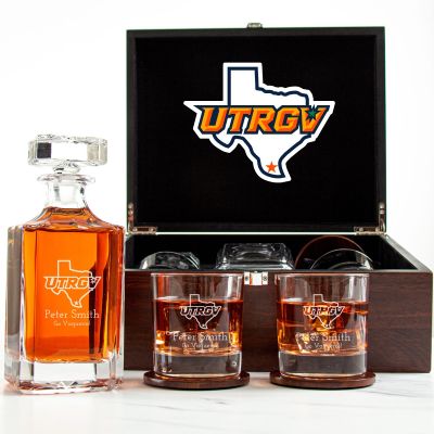 Customized Engraved Dark Brown Wood Box Decanter Set With Rocks Glasses - NCAA UTRGV Vaqueros
