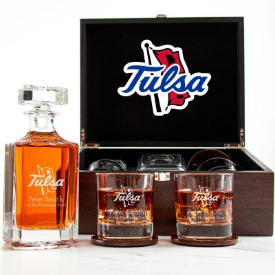 Customized Engraved Dark Brown Wood Box Decanter Set With Rocks Glasses - NCAA Tulsa Golden Hurricane