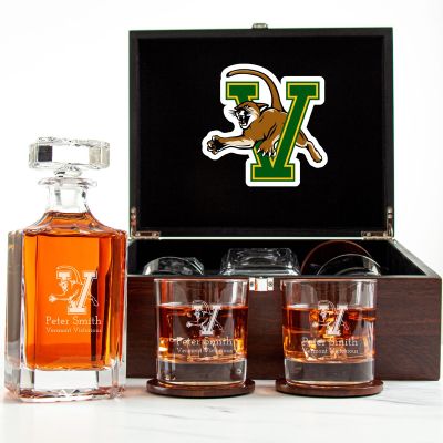 Customized Engraved Dark Brown Wood Box Decanter Set With Rocks Glasses - NCAA Vermont Catamounts