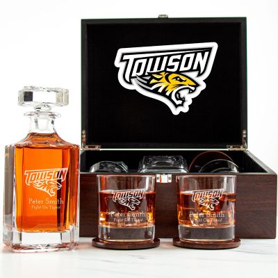 Customized Engraved Dark Brown Wood Box Decanter Set With Rocks Glasses - NCAA Towson Tigers