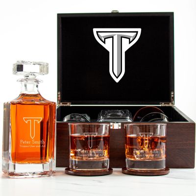 Customized Engraved Dark Brown Wood Box Decanter Set With Rocks Glasses - NCAA Troy Trojans