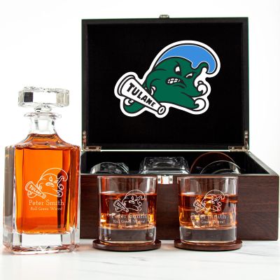Customized Engraved Dark Brown Wood Box Decanter Set With Rocks Glasses - NCAA Tulane Green Wave