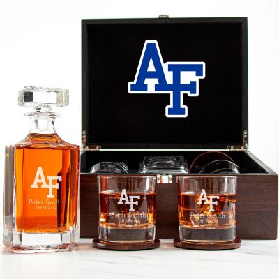 Customized Engraved Dark Brown Wood Box Decanter Set With Rocks Glasses - NCAA Air Force Falcons