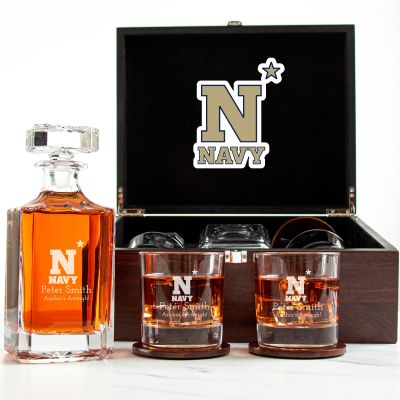 Customized Engraved Dark Brown Wood Box Decanter Set With Rocks Glasses - NCAA Navy Midshipmen
