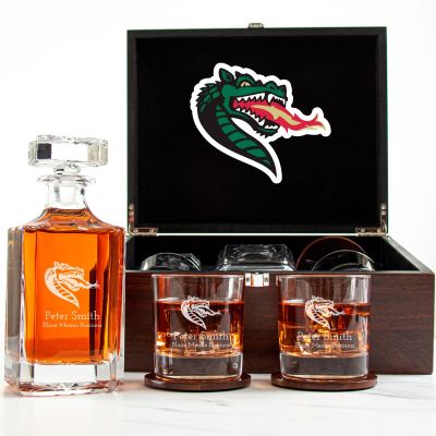 Customized Engraved Dark Brown Wood Box Decanter Set With Rocks Glasses - NCAA UAB Blazers