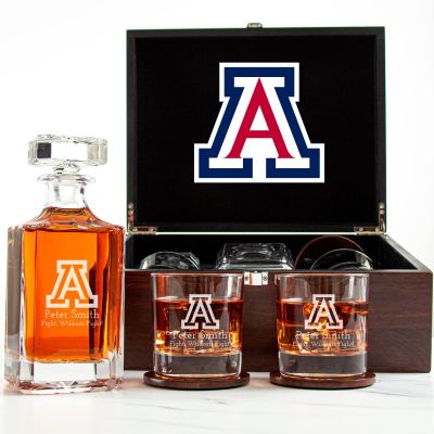 Customized Engraved Dark Brown Wood Box Decanter Set With Rocks Glasses - NCAA Arizona Wildcats
