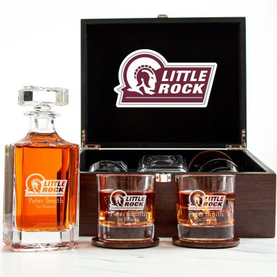 Customized Engraved Dark Brown Wood Box Decanter Set With Rocks Glasses - NCAA Little Rock Trojans