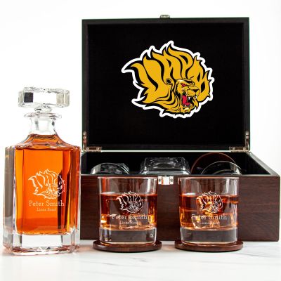 Customized Engraved Dark Brown Wood Box Decanter Set With Rocks Glasses - NCAA Arkansas–Pine Bluff Golden Lions