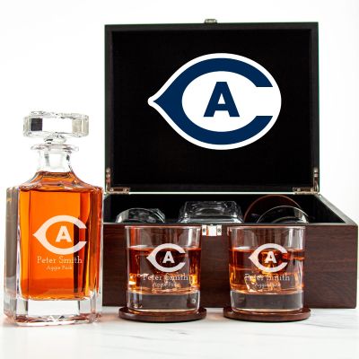 Customized Engraved Dark Brown Wood Box Decanter Set With Rocks Glasses - NCAA UC Davis Aggies