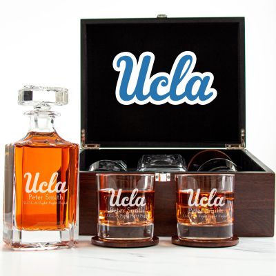 Customized Engraved Dark Brown Wood Box Decanter Set With Rocks Glasses - NCAA UCLA Bruins