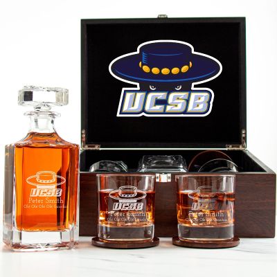 Customized Engraved Dark Brown Wood Box Decanter Set With Rocks Glasses - NCAA UC Santa Barbara Gauchos