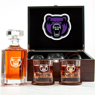 Customized Engraved Dark Brown Wood Box Decanter Set With Rocks Glasses - NCAA Central Arkansas Bears