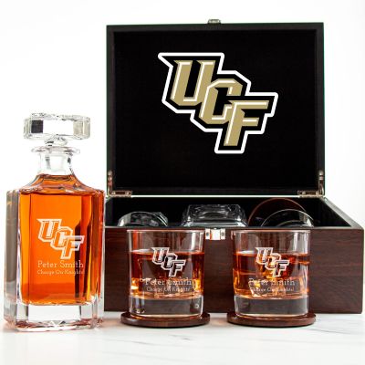 Customized Engraved Dark Brown Wood Box Decanter Set With Rocks Glasses - NCAA UCF Knights