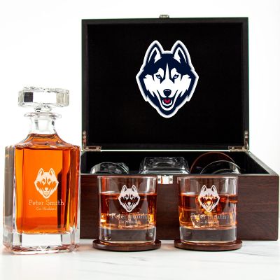 Customized Engraved Dark Brown Wood Box Decanter Set With Rocks Glasses - NCAA UConn Huskies