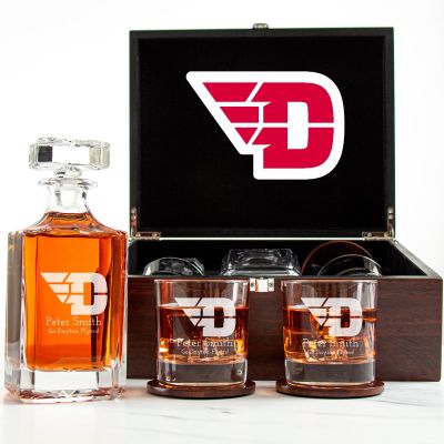 Customized Engraved Dark Brown Wood Box Decanter Set With Rocks Glasses - NCAA Dayton Flyers