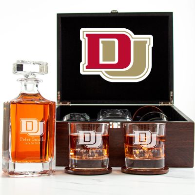 Customized Engraved Dark Brown Wood Box Decanter Set With Rocks Glasses - NCAA Denver Pioneers