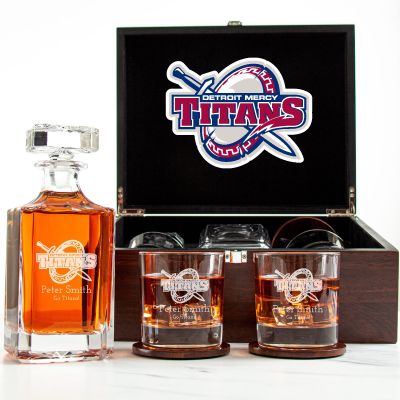 Customized Engraved Dark Brown Wood Box Decanter Set With Rocks Glasses - NCAA Detroit Mercy Titans