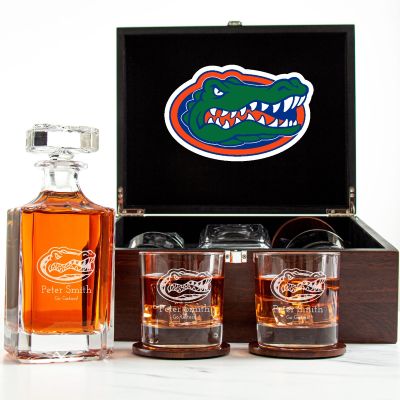 Customized Engraved Dark Brown Wood Box Decanter Set With Rocks Glasses - NCAA Florida Gators