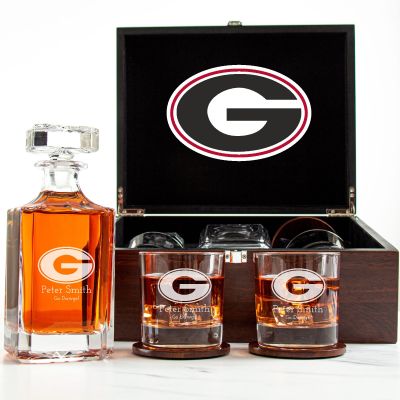 Customized Engraved Dark Brown Wood Box Decanter Set With Rocks Glasses - NCAA Georgia Bulldogs