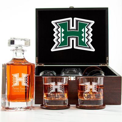 Customized Engraved Dark Brown Wood Box Decanter Set With Rocks Glasses - NCAA Hawaii Rainbow Warriors
