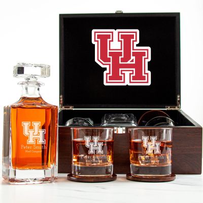 Customized Engraved Dark Brown Wood Box Decanter Set With Rocks Glasses - NCAA Houston Cougars