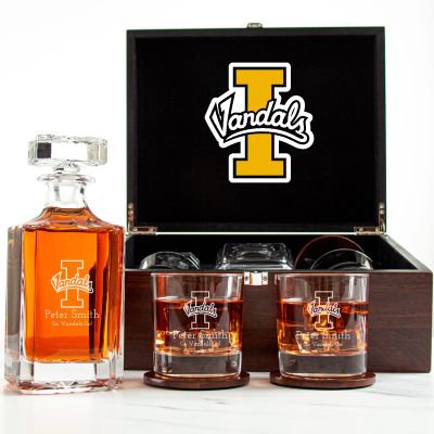 Customized Engraved Dark Brown Wood Box Decanter Set With Rocks Glasses - NCAA Idaho Vandals