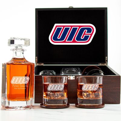 Customized Engraved Dark Brown Wood Box Decanter Set With Rocks Glasses - NCAA UIC Flames