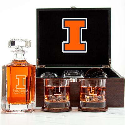Customized Engraved Dark Brown Wood Box Decanter Set With Rocks Glasses - NCAA Illinois Fighting Illini