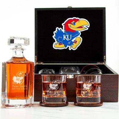 Customized Engraved Dark Brown Wood Box Decanter Set With Rocks Glasses - NCAA Kansas Jayhawks