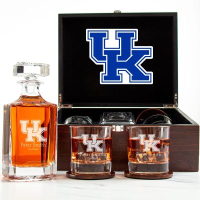 Customized Engraved Dark Brown Wood Box Decanter Set With Rocks Glasses - NCAA Kentucky Wildcats