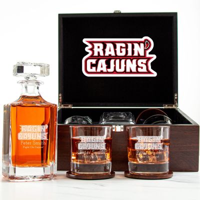 Customized Engraved Dark Brown Wood Box Decanter Set With Rocks Glasses - NCAA Louisiana Ragin' Cajuns