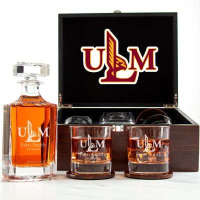 Customized Engraved Dark Brown Wood Box Decanter Set With Rocks Glasses - NCAA Louisiana–Monroe Warhawks
