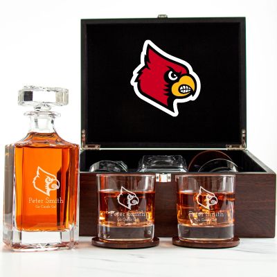 Customized Engraved Dark Brown Wood Box Decanter Set With Rocks Glasses - NCAA Louisville Cardinals