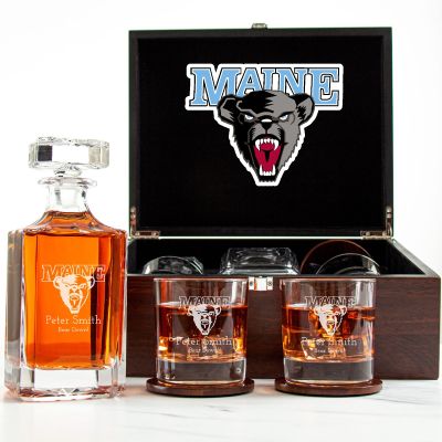 Customized Engraved Dark Brown Wood Box Decanter Set With Rocks Glasses - NCAA Maine Black Bears