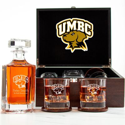 Customized Engraved Dark Brown Wood Box Decanter Set With Rocks Glasses - NCAA UMBC Retrievers