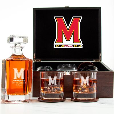 Customized Engraved Dark Brown Wood Box Decanter Set With Rocks Glasses - NCAA Maryland Terrapins