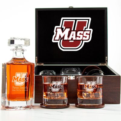 Customized Engraved Dark Brown Wood Box Decanter Set With Rocks Glasses - NCAA UMass Minutemen