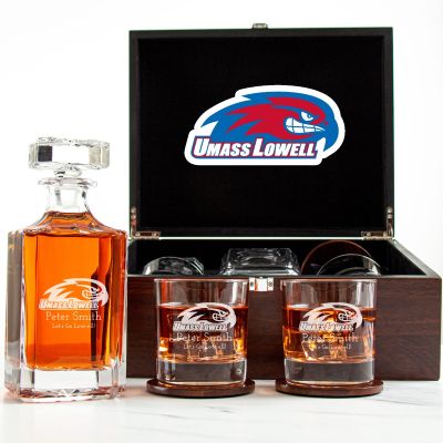 Customized Engraved Dark Brown Wood Box Decanter Set With Rocks Glasses - NCAA UMass Lowell River Hawks