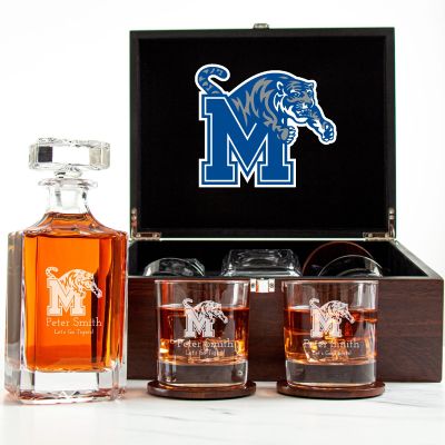 Customized Engraved Dark Brown Wood Box Decanter Set With Rocks Glasses - NCAA Memphis Tigers
