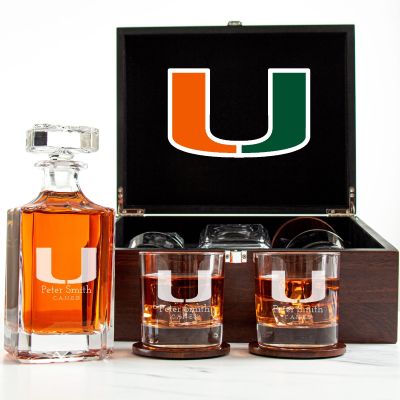 Customized Engraved Dark Brown Wood Box Decanter Set With Rocks Glasses - NCAA Miami Hurricanes