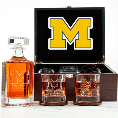 Customized Engraved Dark Brown Wood Box Decanter Set With Rocks Glasses - NCAA Michigan Wolverines